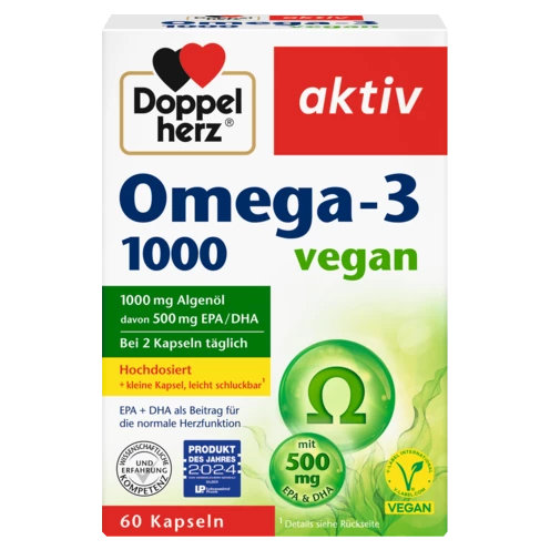 Abbildung der Produktverpackung Doppelherz aktiv Omega-3 1000 vegan Frontansicht